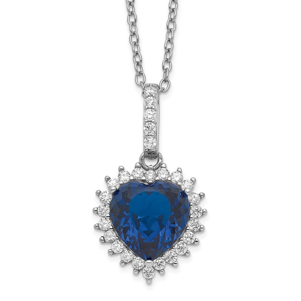 925 Sterling Silver Lab Created Blue Spinel & White CZ Heart Halo 18" Necklace